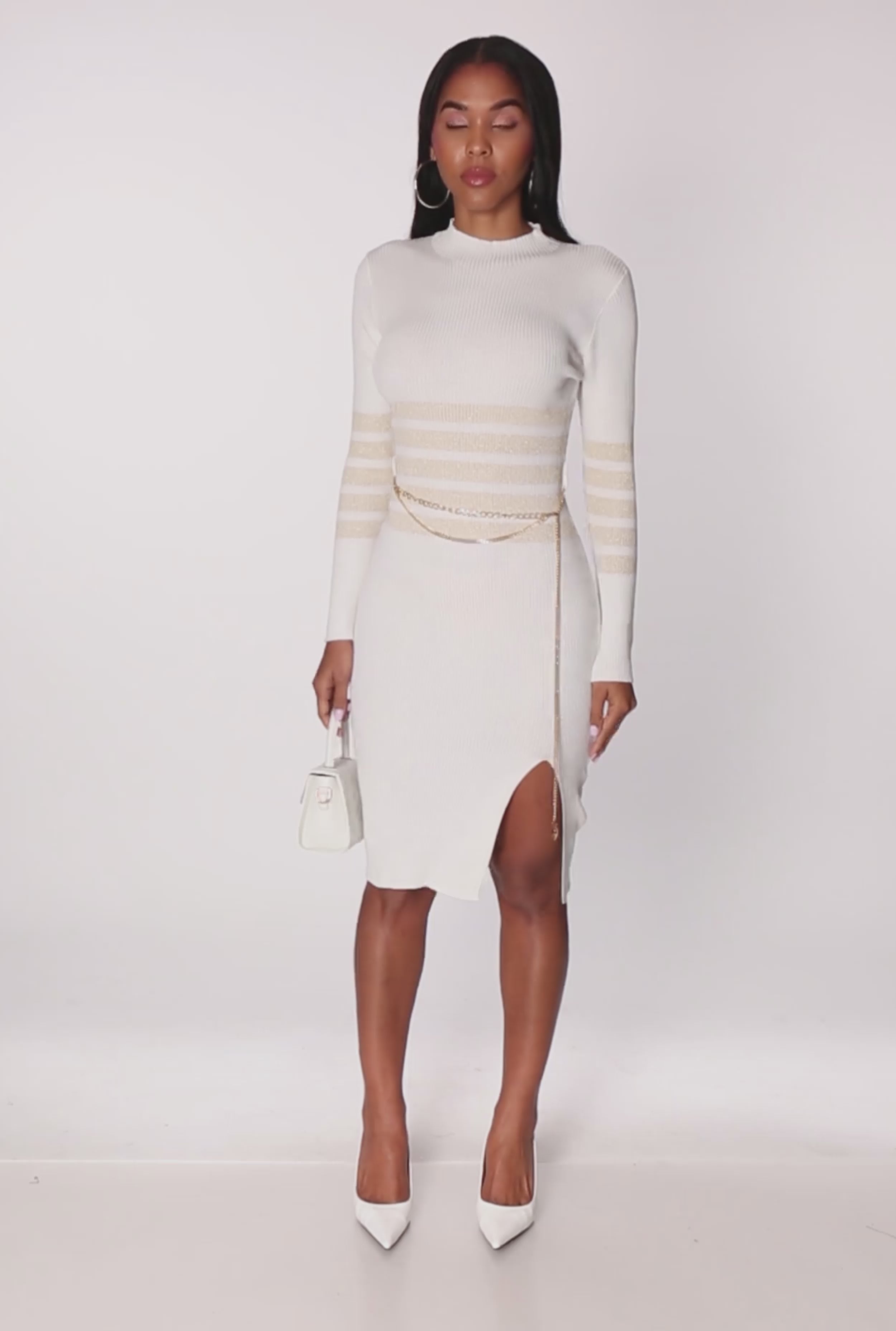 Lurex Striped Side Slit Sweater Dress with Chain Belt