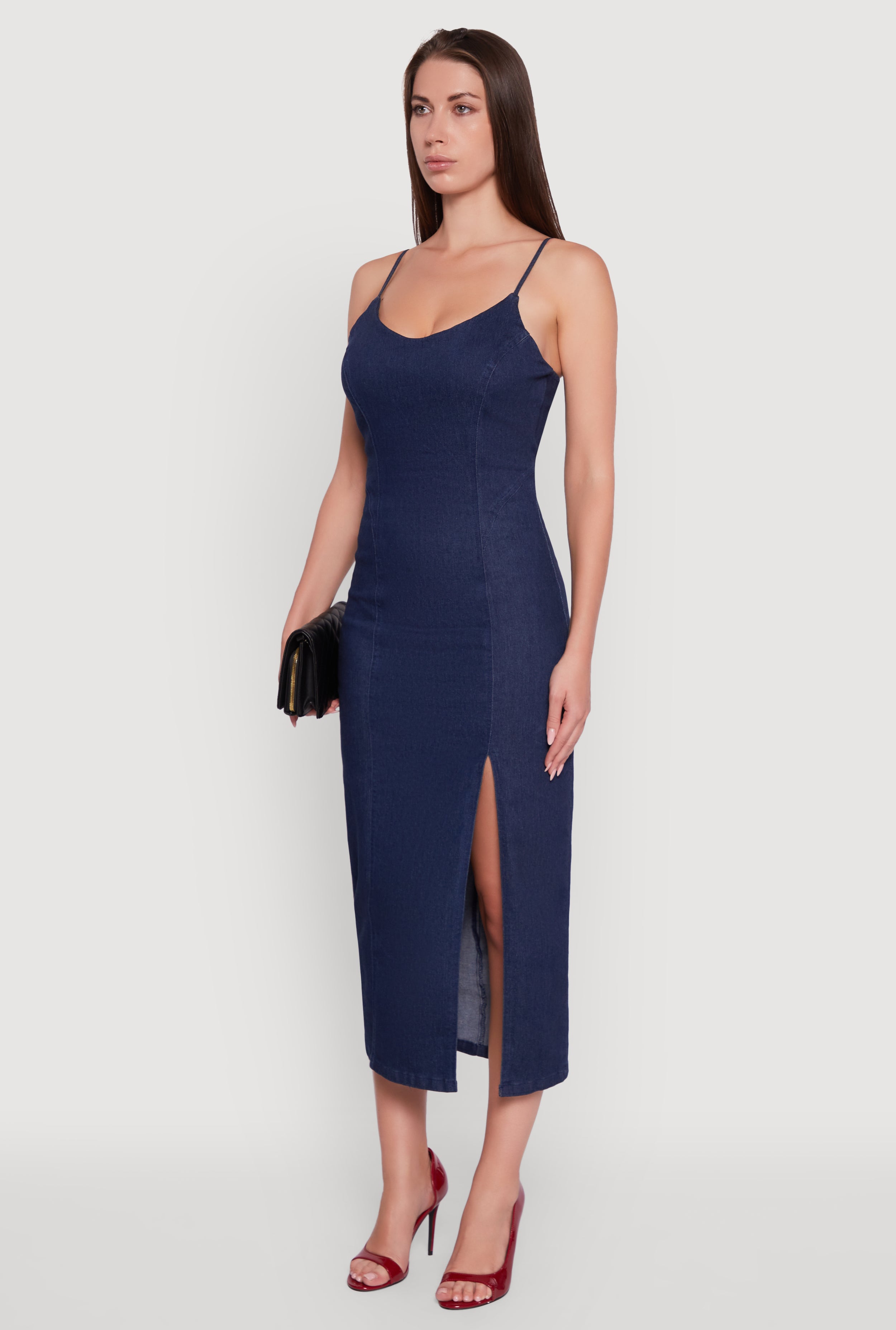 Denim Pintuck Scoop Neck Side Slit Dress