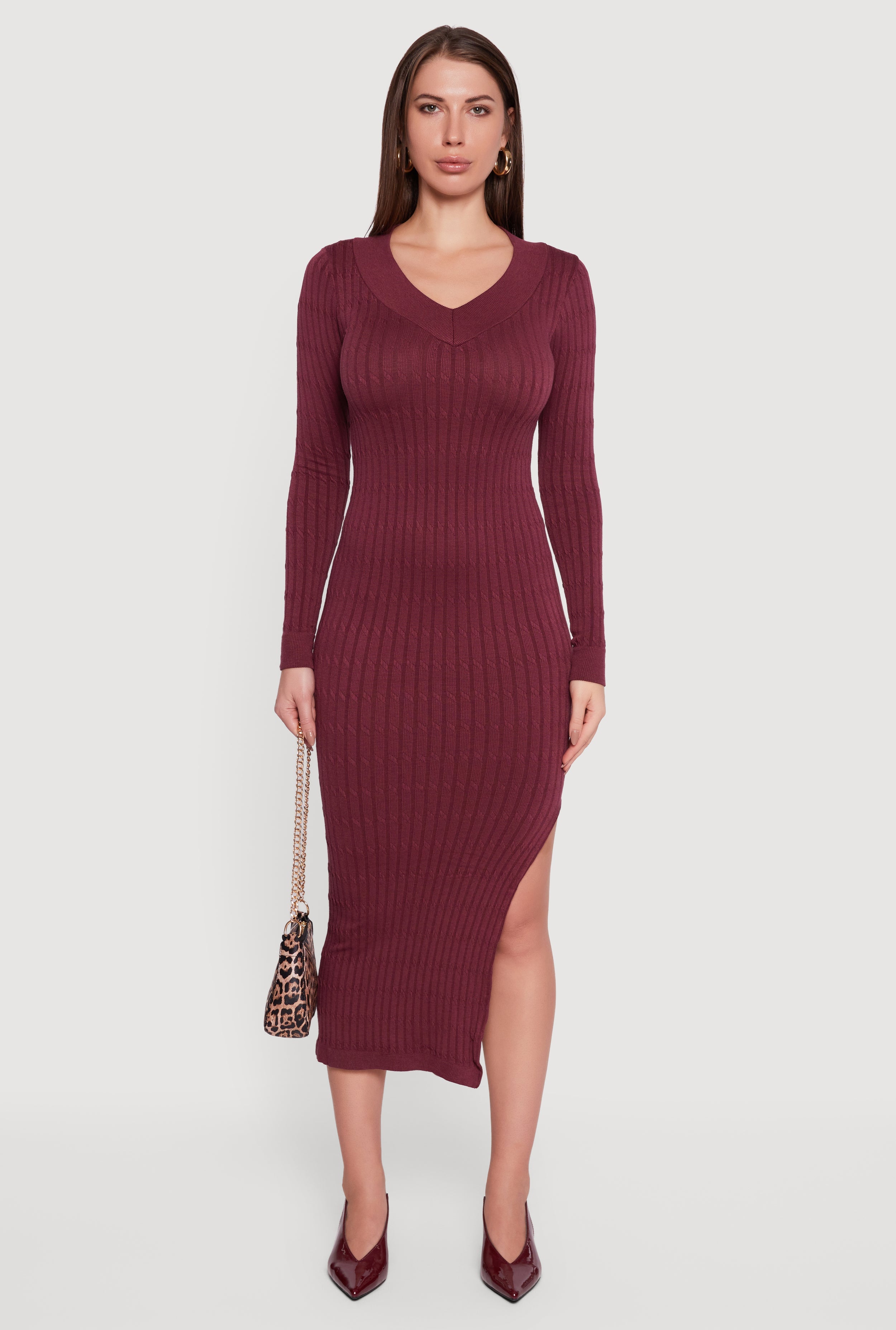 Long Sleeve V Neck Side Slit Sweater Dress