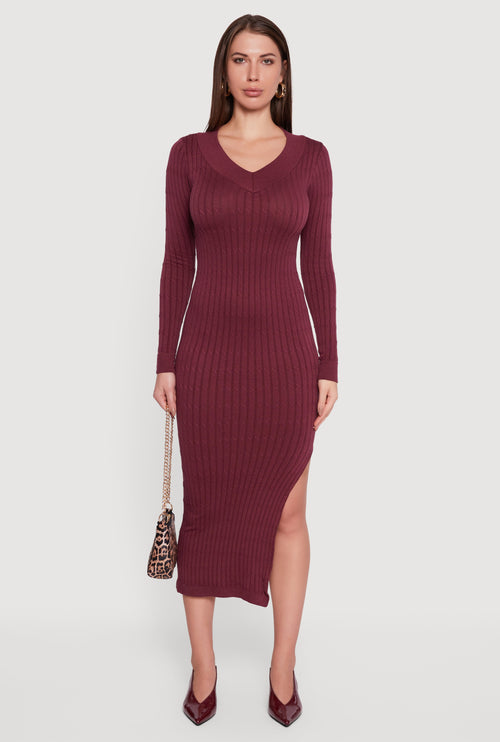 Long Sleeve V Neck Side Slit Sweater Dress