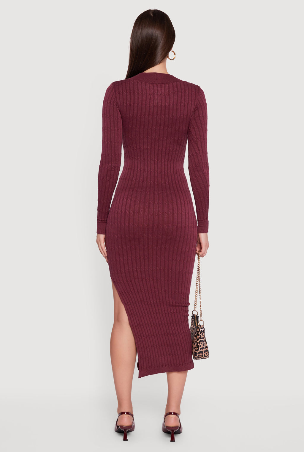 Long Sleeve V Neck Side Slit Sweater Dress