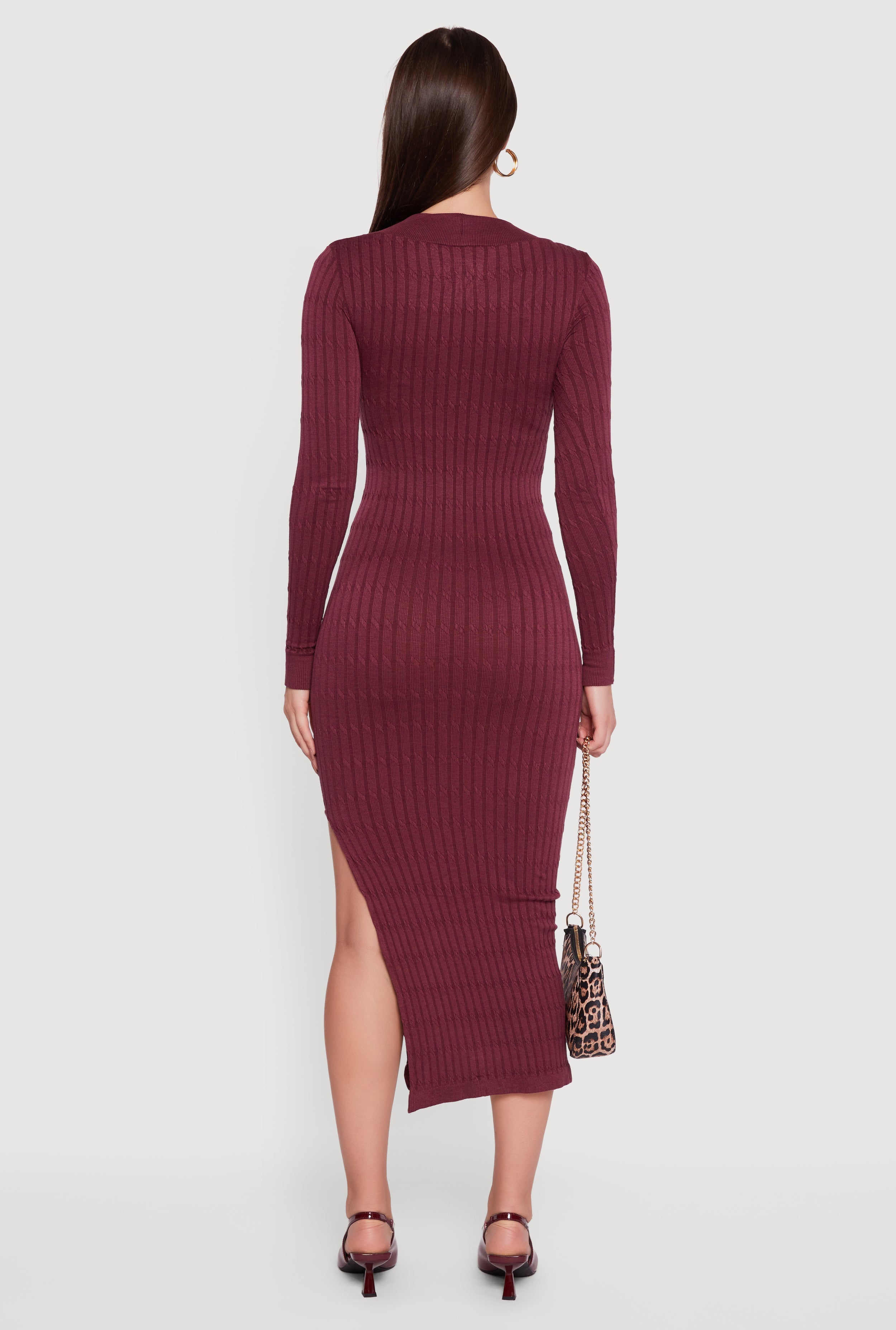Long Sleeve V Neck Side Slit Sweater Dress