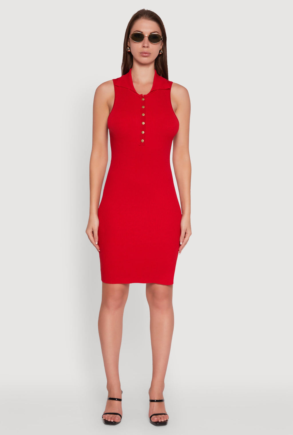 Trendy Ribbed Knit Sleeveless Collared Bodycon Dress