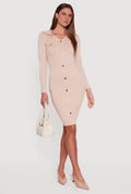 Collared Rib Knit Button Detail Midi Sweater Dress