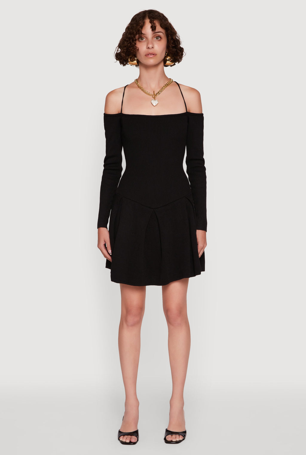 Ribbed Knit Lace Up Back Pleated Skater Dress