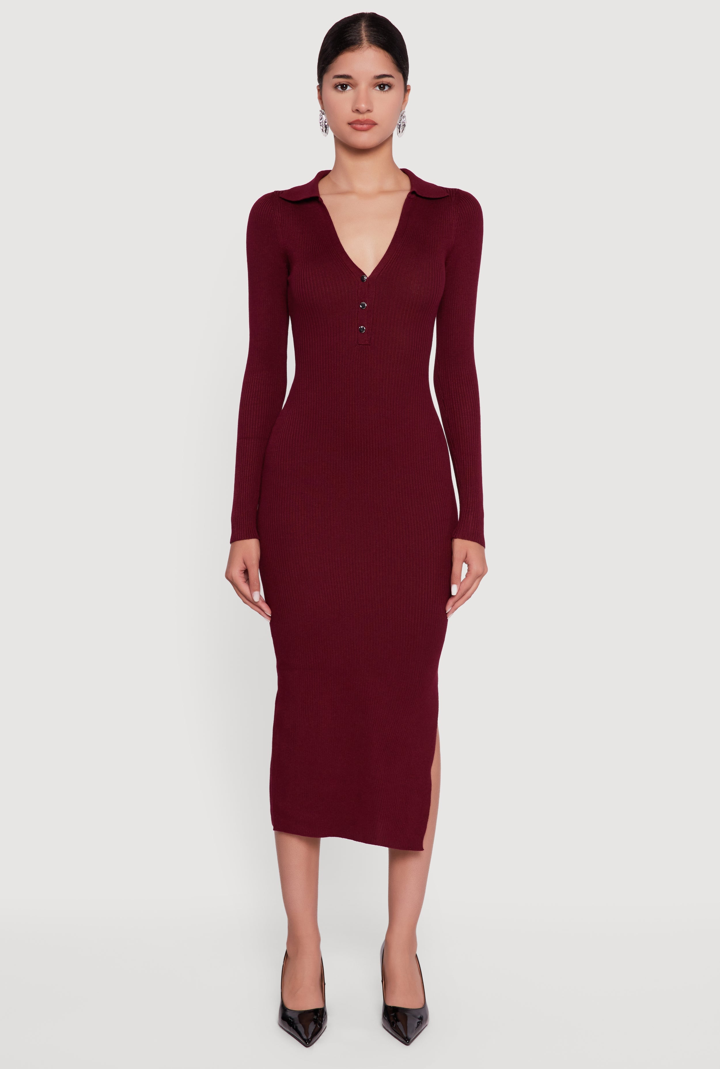 Ribbed Knit Midi Sweater Dress with Side Slit