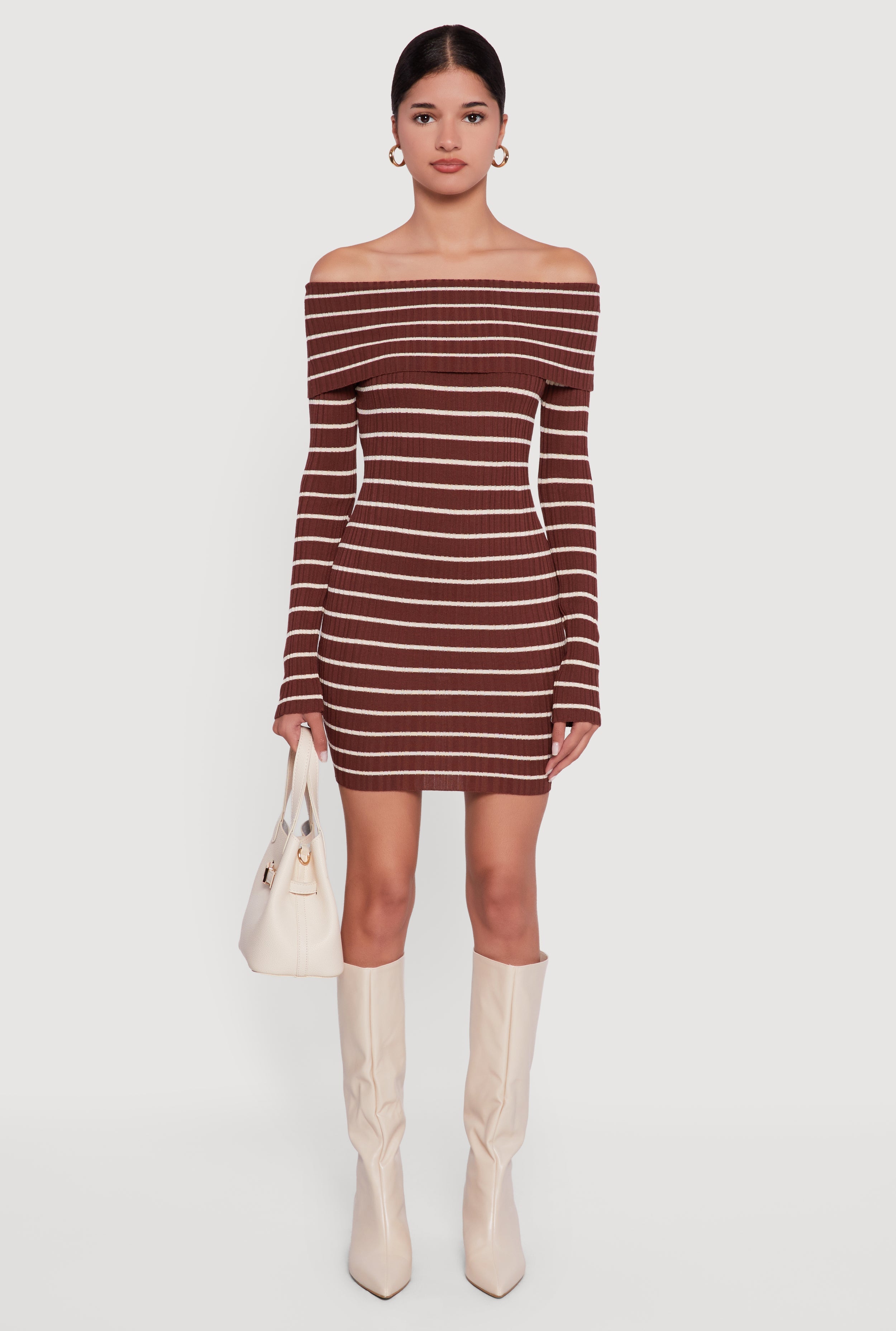 Striped Fold Over Off the Shoulder Bodycon Dress