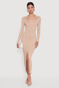 Rib Knit Button Detail Long Sleeve Slit Front Dress