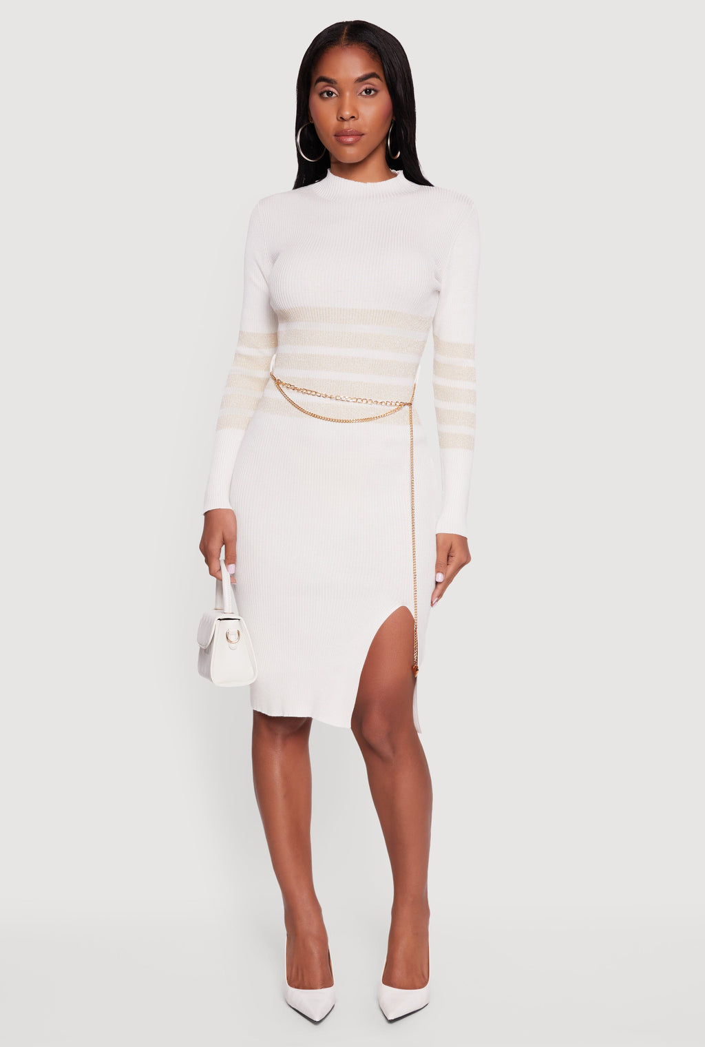 Lurex Striped Side Slit Sweater Dress with Chain Belt