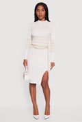 Lurex Striped Side Slit Sweater Dress with Chain Belt