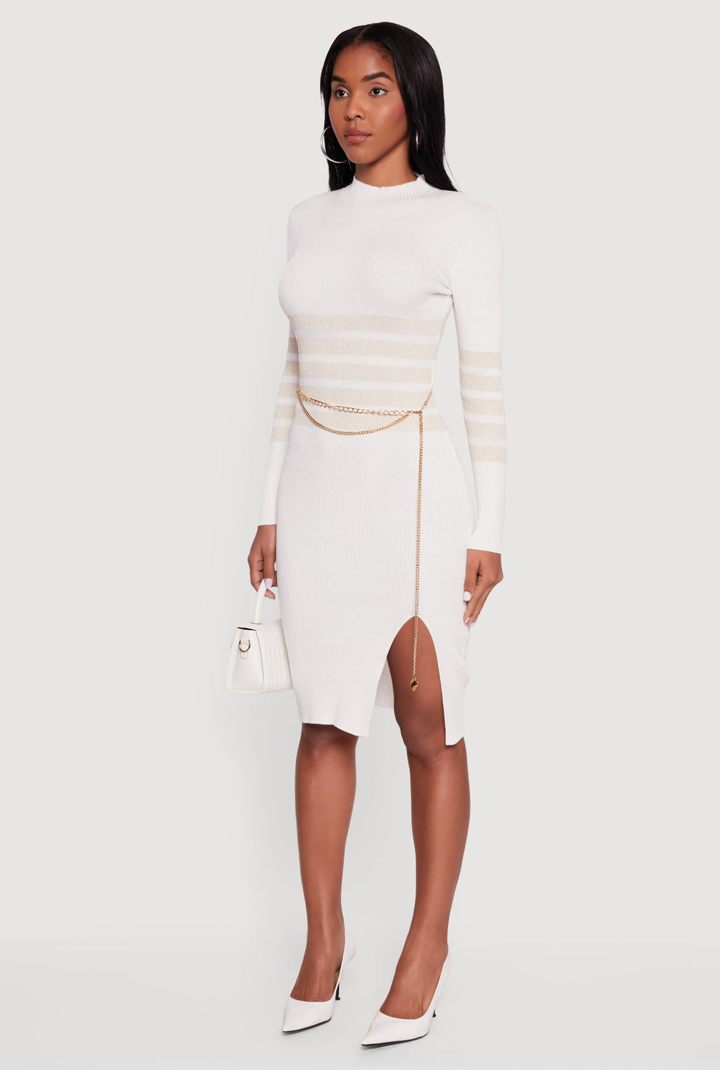 Lurex Striped Side Slit Sweater Dress with Chain Belt