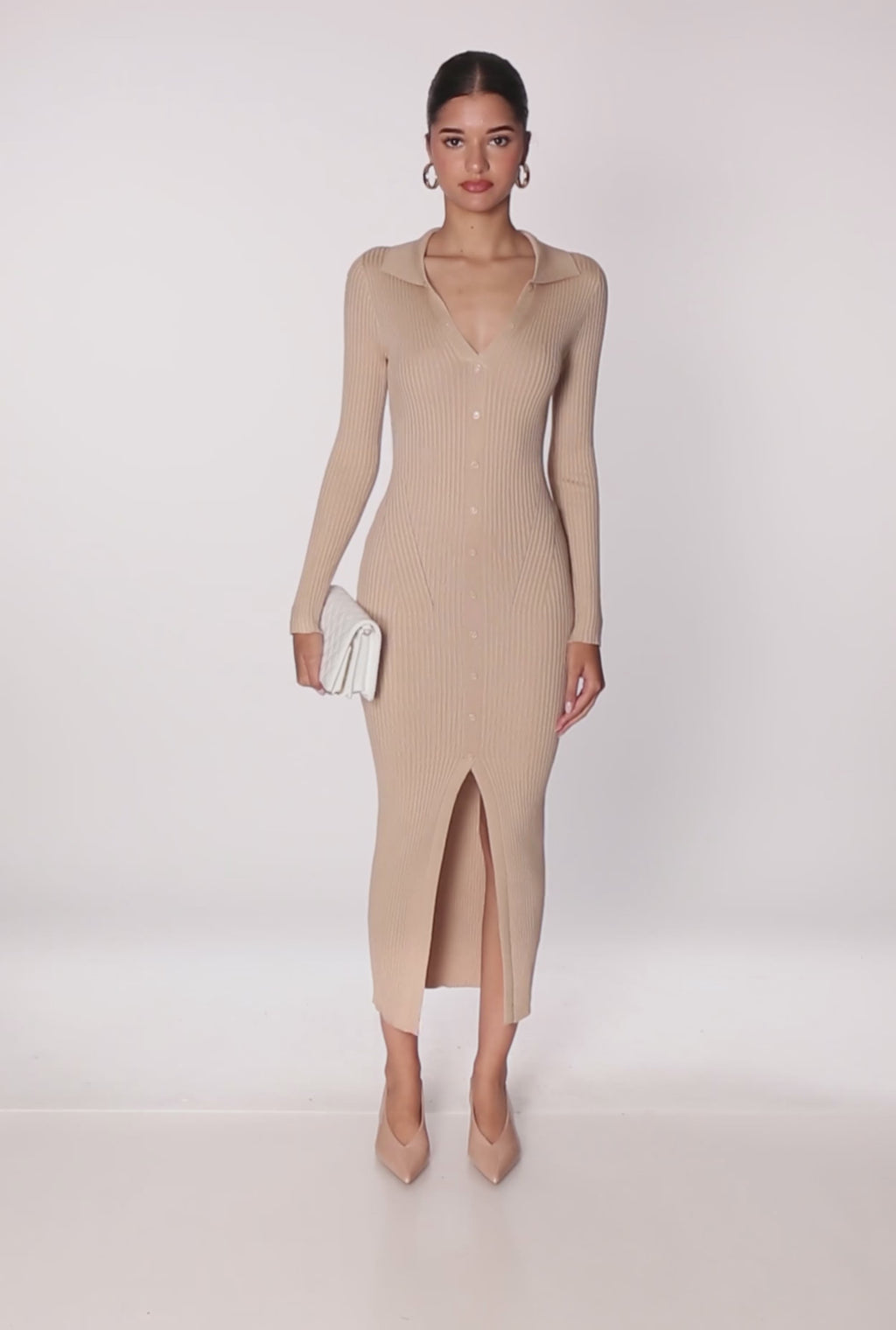 Rib Knit Button Detail Long Sleeve Slit Front Dress