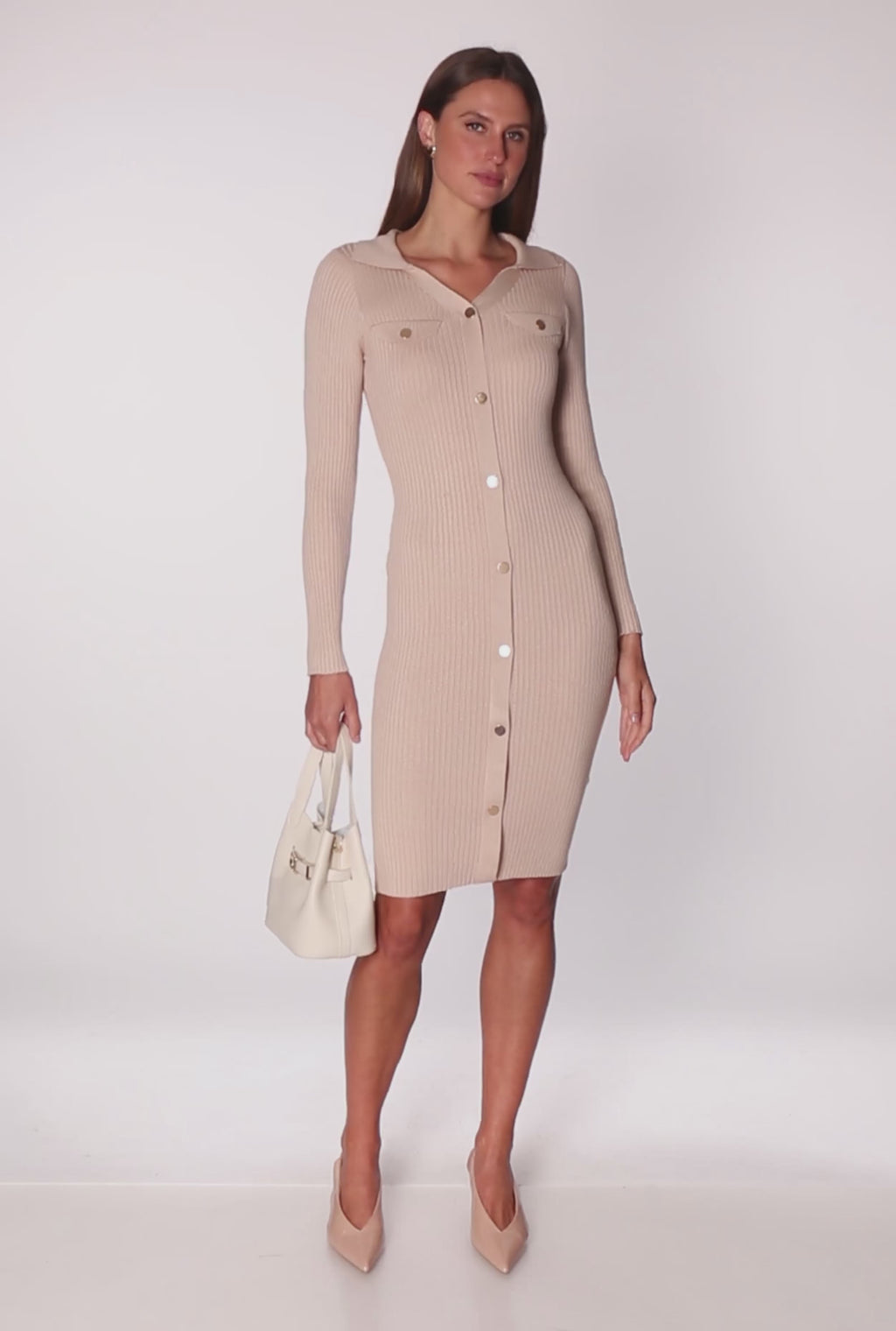Collared Rib Knit Button Detail Midi Sweater Dress
