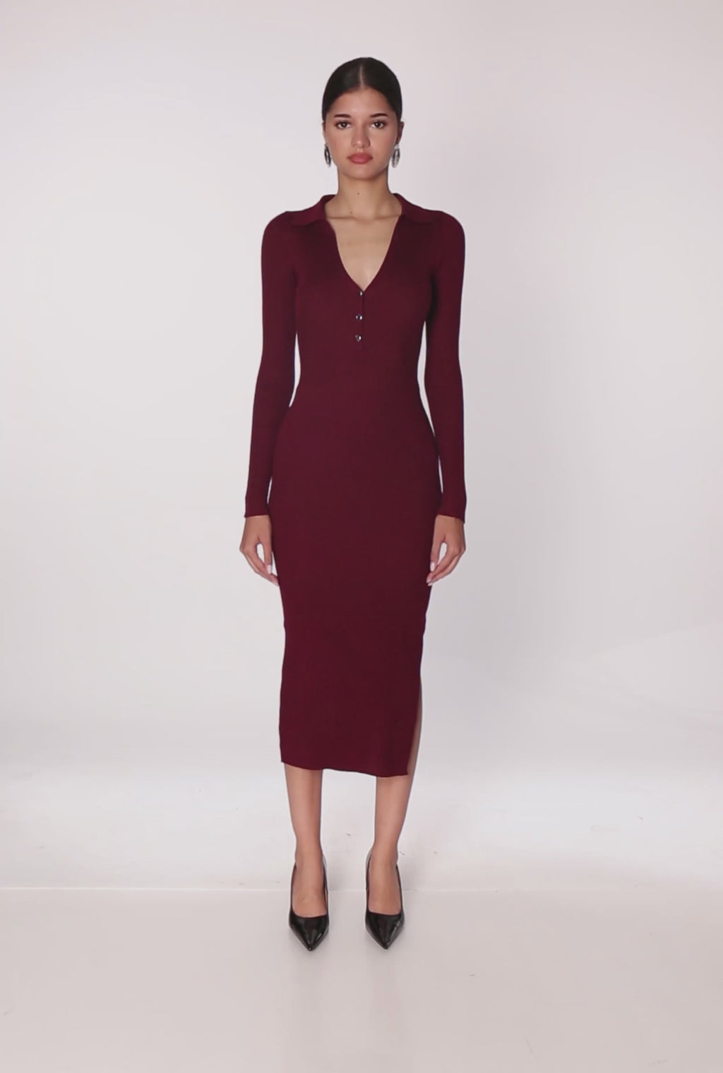 Ribbed Knit Midi Sweater Dress with Side Slit