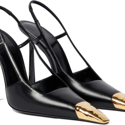 Women Slingback High Heels Metal Pointed Toe Leather High Stiletto Heel Pumps Slip on Elastic Strap Fashion Dress Shoes for Women