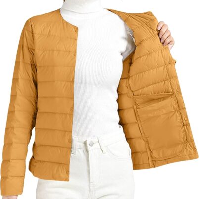 Women Ultra Lightweight Down Jacket Packable Collarless Button Down Quilted Short Puffer Parka Coats Outerwear Pocket
