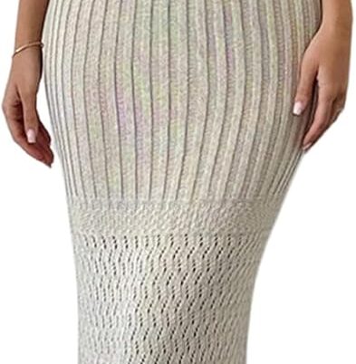 Women's Crochet Knit Halter Dress Deep V Neck Sleeveless Tie Backless Bodycon Long Dresses