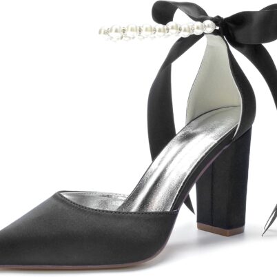 Women Pearl White Wedding Shoes for Bride High Heels Pointed Toe Bridal Shoes Satin Block Heels Prom Party Dress Pumps Sandals