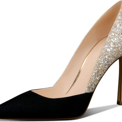Women Gold Classic Pointed Toe High Heels Stiletto Pumps with 3.35in Sparkly for Wedding,Party,Dress