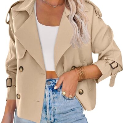 Women Crop Double Breasted Trench Coat Raglan Sleeve Work Office Cropped Jacket With Pockets